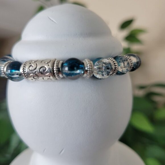 NWT Mens Blue And Silver Crackle Glass Bead Stretch Bracelet Exclusive S/M, L/XL - Picture 10 of 10